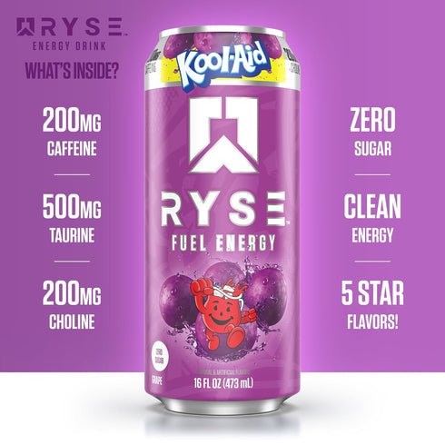 200mg 16 oz (12-Pack) RYSE Fuel Energy Drink - Kool-Aid Grape - Sugar Free, Gluten Free & Vegan - Natural Caffeine