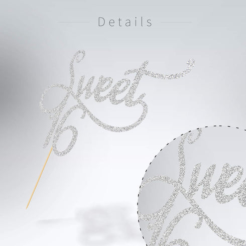Silver Glitter Sweet 16 Cake Topper - Happy 16th Birthday, 16th Anniversary Party Decoration Supplies