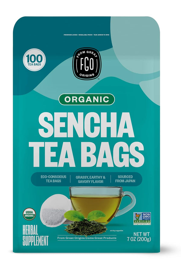 FGO Organic Sencha Green Tea, 100 Count Eco-Conscious Tea Bags, Resealable Bag, Sourced From Japan