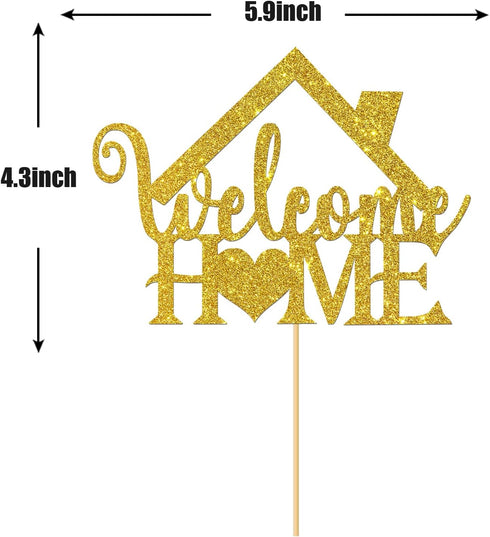 Gold Glitter Welcome Home Cake Topper - Home Party Decoration - Welcome Sign for New Home/New Baby/Retirement