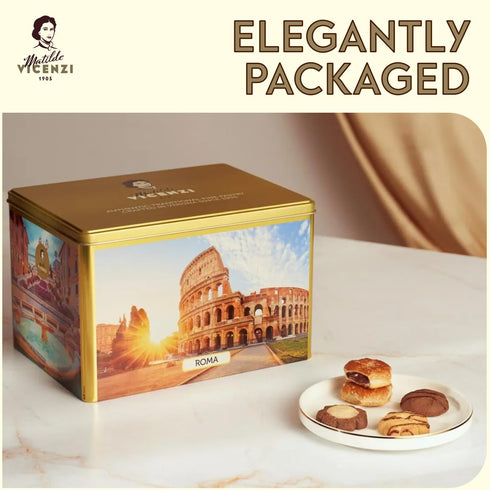 32.5oz (920g) Matilde Vicenzi Roma Cookie Gift Tin - Pastries & Cookies in Individually Wrapped Trays - Gourmet Gifts
