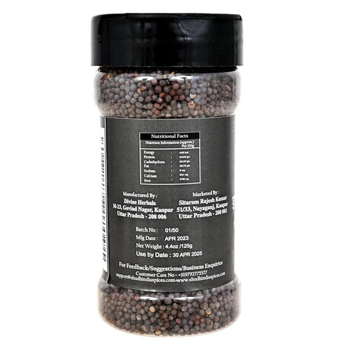 Shudh India Black Mustard Seeds Whole Spice (Kali Rai) 4.4oz (125g) PET Jar - All Natural, Gluten Friendly, NON-GMO,