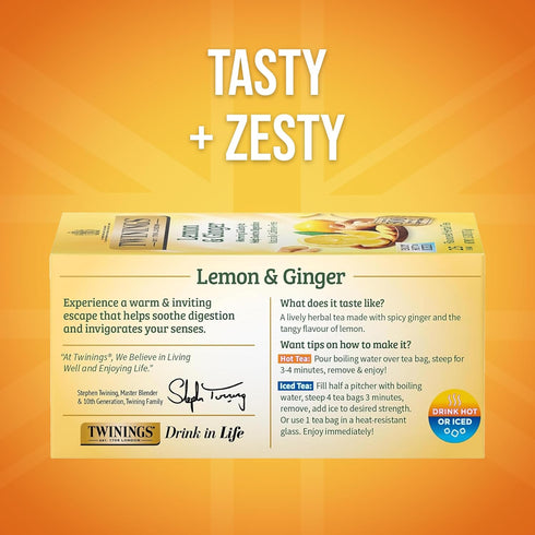 25 Count (Pack 6), 150 Twinings Lemon & Ginger Herbal Tea Individually Wrapped Bags, of Spicy Ginger, Lemon Peel