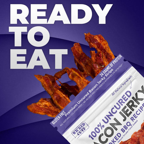 24g (2 Smoked BBQ Bacon Jerky, Protein Per Bag, Tender & Easy to Chew Fully Cooked Bacon, USA Made High Protein