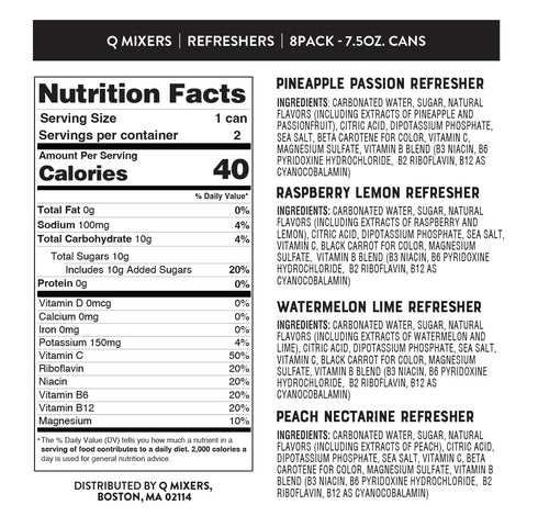 Pack (8PK) 2 7.5oz Q MIXERS Refreshers Sparkling Hydration Beverage Variety of Each Flavor: Pineapple Passion