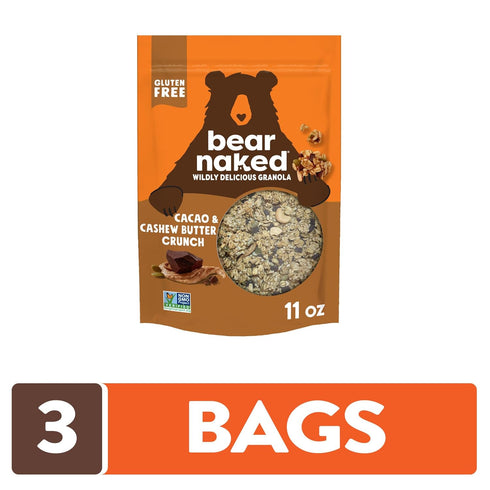 (3 Bear Naked Granola Cereal, Whole Grain Granola, Breakfast Snacks, Cacao and Cashew Butter Crunch Bags)