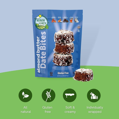 5.25oz (2 Pack) Heaven & Earth Gluten Free Chocolate Covered Almond Butter Date Bite Truffles with Coconut Flakes Dairy
