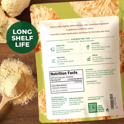1.1lb (17.64 Oz) 100% Gya Tea Co Lions Mane Mushroom Powder - Pure & Tasty Great Superfoods for Smoothies, Drinks, Tea