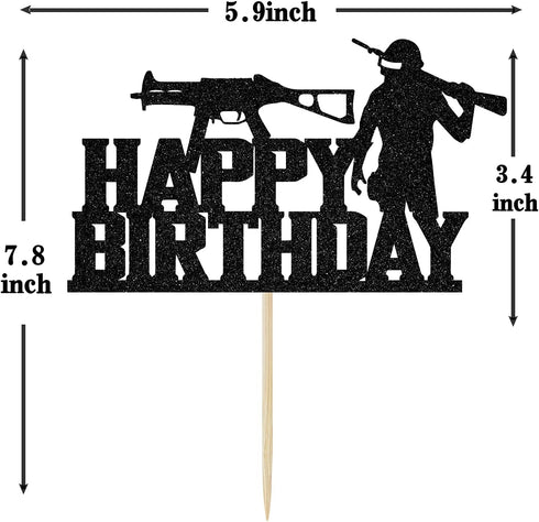 PUBG Happy Birthday Cake Toppers - Video Game Themed Birthday Party Decorations Picks for Kids Black Glitter