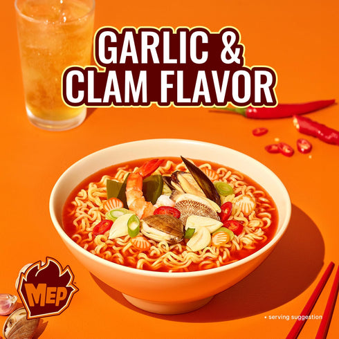 3.88 oz (Pack 4) Samyang MEP Garlic Clam Ramen, Spicy Korean Instant Noodle Soup, ENHYPEN Pick, Refreshing Seafood Bone