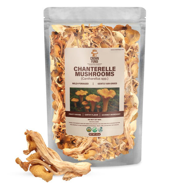 Crown Fungi Chanterelle Mushrooms, 1.5oz pack of Dried Chanterelle Mushrooms, Perfect Dried Mushrooms for