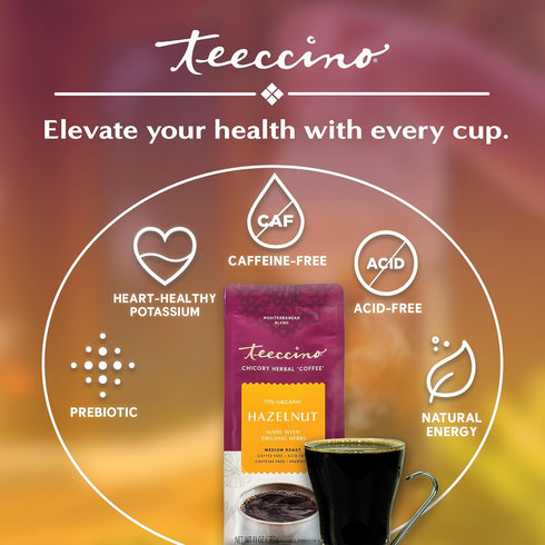 11 Teeccino Hazelnut Chicory Coffee Alternative - Ounce - Ground Herbal Coffee Thats Prebiotic, Caffeine Free & Acid