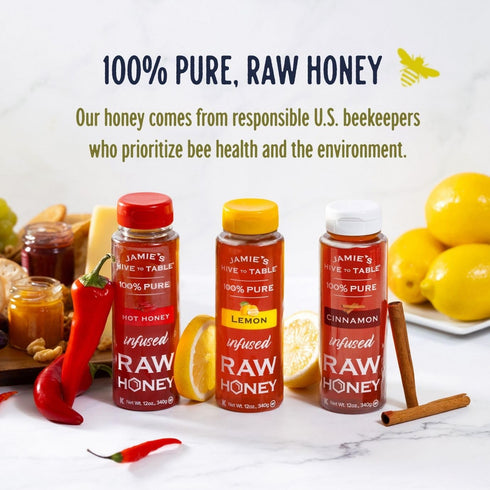 Set 36 Oz, Pack 3 100% Jamie's Hive to Table Infused Honey Gift Hot, Lemon, and Cinnamon Flavors, of Squeeze Bottles
