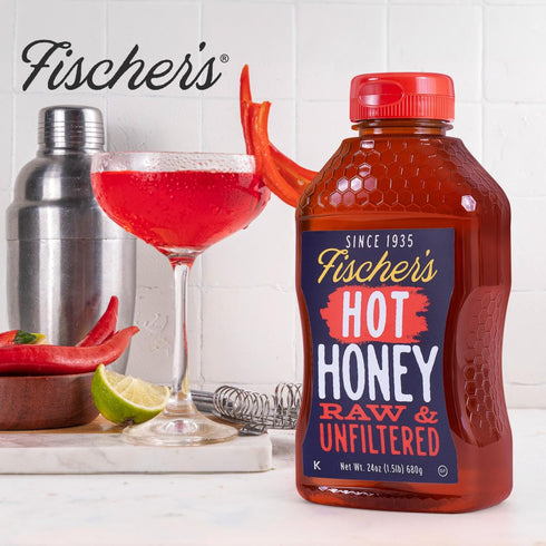24 oz 100% Fischer's Hot Honey Raw Unfiltered Honey with Hot Pepper Spicy Honey for Pizza, Chicken, Charcuterie, BBQ