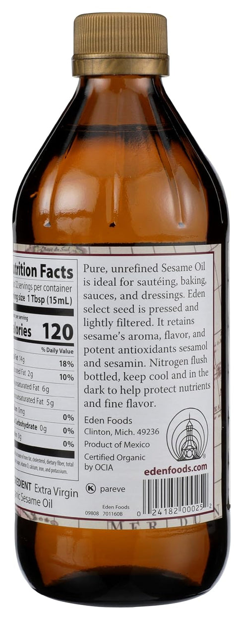 16 oz Eden Organic Sesame Oil, Unrefined, Extra Virgin, Traditionally Pressed, fl Glass Bottle