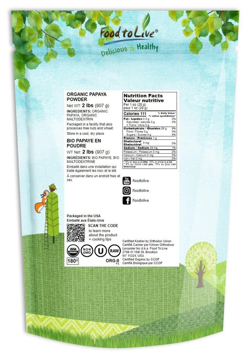 2 Food to Live Organic Papaya Powder, Pounds - Non-GMO, Made from Raw Dried Fruit, Unsulfured, Vegan, Bulk, Great