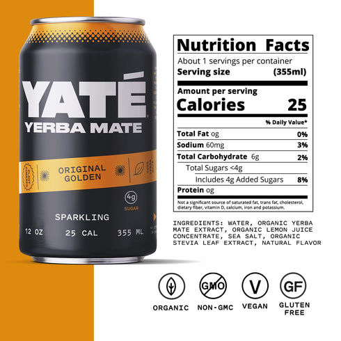 25 12 Pack Yate Sparkling Yerba Mate - Original Golden Organic Yerba Mate Drink with Low Sugar & Calories for Daily