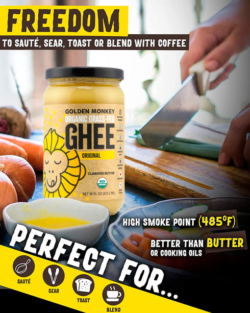(16oz) GOLDEN MONKEY Organic Ghee Butter Grass Fed Clarified Butter for Cooking, Baking, Keto & Gut Health Ghee Butter