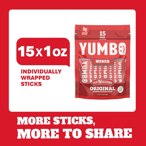 Summer 1 oz 15 Count Pack YUMBO Original Mini Sausage Sticks, High Protein Snacks, Gluten-Free, Low Carb, Keto