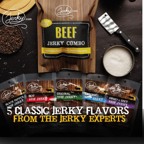 (5 2.5 oz. Jerky.com Beef Jerky Combo - Featuring Flavors Hot, Teriyaki, Original, Sweet & Spicy, Black Pepper