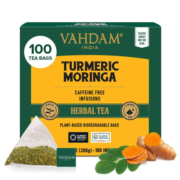 VAHDAM, Turmeric Moringa Tea Bags (100 Herbal Tea Bags) Caffeine Free, Non