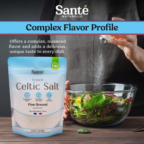 1.1lb (18oz) 82+ 100% Sante Naturelle Celtic Salt Organic Fine Ground - Unrefined French Mineral Sea Salt Organic, Rich