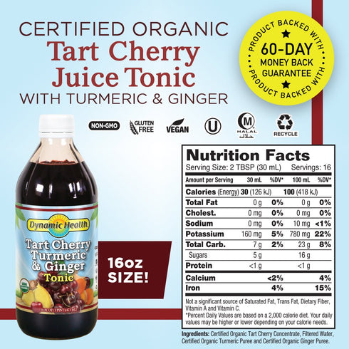 100% 16 oz Dynamic Health Organic Tart Cherry Juice Tonic with Turmeric & Ginger - Sour Tart Cherry Juice Concentrate