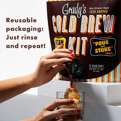 100% 12 36 GRADYS COLD BREW, New Orleans Style, Arabica Ground Coffee & Chicory Pouches, All-in-One Cold Brew Kit