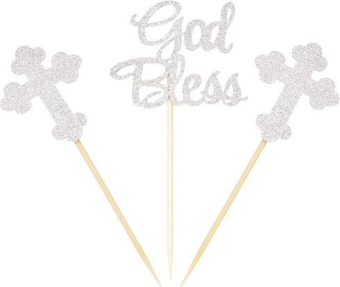 Ercadio 24 PCS Silver Glitter God Bless and Baptism Cupcake Toppers, Cross Cupcake Picks, Christian Party Supplies