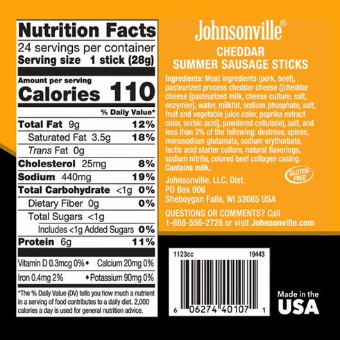 Summer Packs 1 oz., 24-Pack Johnsonville Sausage Snack Sticks - Gluten Free Protein Snacks, Jerky Snack - Cheddar