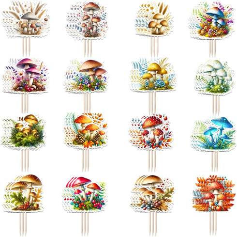 48 Sleyberoy Mushroom Cake Toppers - Pcs Primitive Forest Theme Party Supplies for Baby Baptism, Birthday, Anniversary