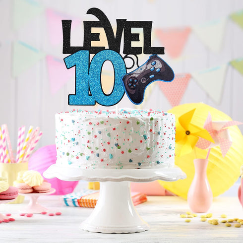 Level 10 Game Birthday Cake Topper - Blue Cake Supplies for Boy's 10th Birthday Level Up Party - Game On Winner