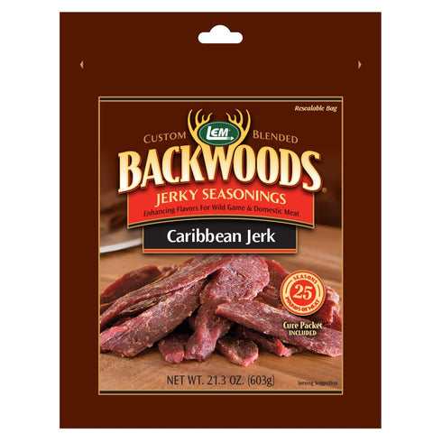 LEM Products Backwoods Caribbean Jerk Jerky Seasoning, 21.3 oz - Seasons Up to 25 Pounds of Meat with Cure Packet