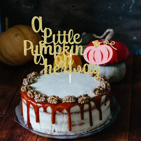 A Little Pumpkin is On Her Way Cake Topper, Pink Glitter Baby Shower Decoration for Fall Theme Party