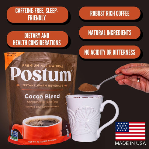 (42oz) Pack Postum Hot Cocoa Flavor Coffee Substitute Coffee Alternative Caffeine Free with Roasted Wheat Bran