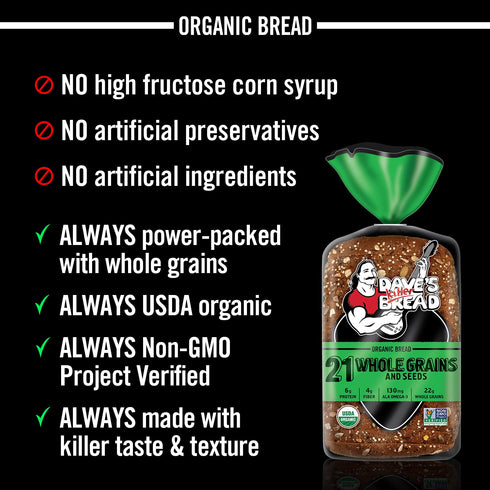 21 27 oz Dave's Killer Bread Whole Grains and Seeds, Whole Grain Organic Bread, Loaf
