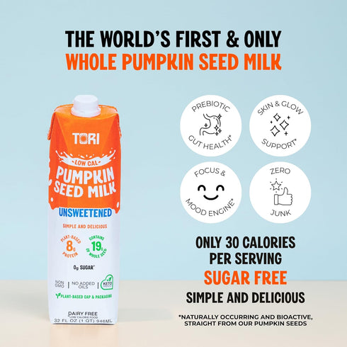 30 0g Whole30 32 oz (6 Pack) Tori Pumpkin Seed Milk, Unsweetened Only Calories, Sugar | Plant-Based, No Emulsifiers, No