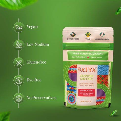 5 17g Satya Cilantro Chutney Powder Herb & Lemon Indian Seasoning Mix Fresh Sachets x Zesty Dry Chutney Powder