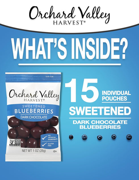 1 Ounce(Pack 15), Orchard Valley Harvest Dark Chocolate Covered Blueberries, of Gluten Free, Non-GMO, No Artificial