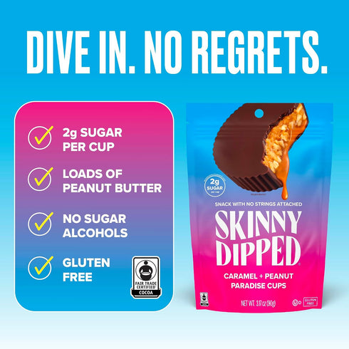 2g 3.2oz, 4 Pack (24 SkinnyDipped Caramel Peanut Paradise Cups and Dark Chocolate Peanut Butter Cups, Sugar per Cup