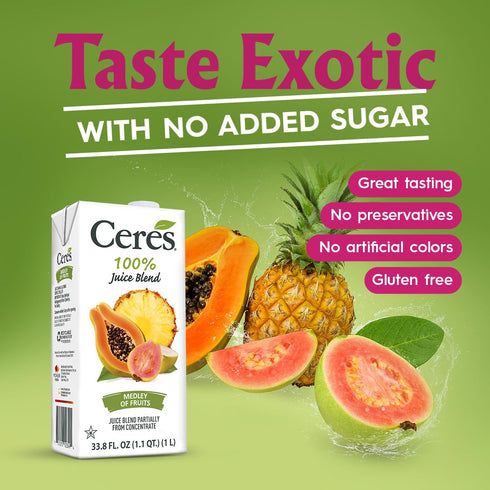 3-Pack 100% 33.8 Oz (1 Ceres Medley of Fruits Juice Blend, Natural, Rich in Vitamin C, No Added Sugar, Artificial