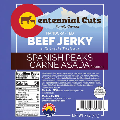 3 oz Centennial Cuts Beef Jerky Spanish Peaks Carne Asada, High Protein, Snack