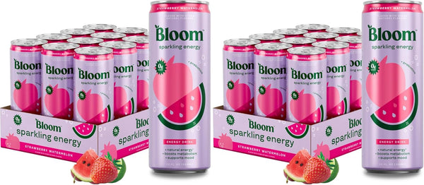 Bloom Nutrition Sparkling Energy Drink, Zero Sugar, 180mg Caffeine | Strawberry Watermelon