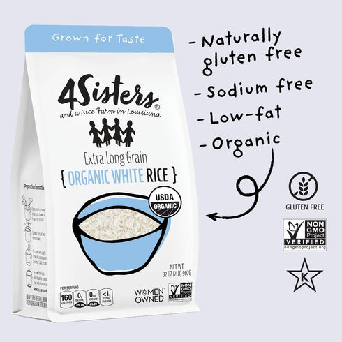 4Sisters (2 lb) - Organic Long Grain White Rice - Grown in USA - Sustainably Grown - Women Owned - Farm to Table