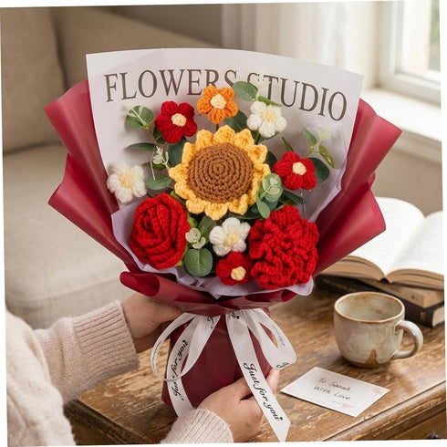 AwnsIMfreien Crochet Flower Bouquet - Knitted Roses & Tulips, Long-Lasting Bouquet of Crochet Flowers for Birthday