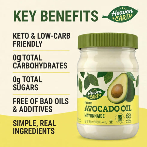 15 oz (2 Pack) 0g 0g Heaven & Earth Pure Avocado Oil Mayonnaise, | Keto Friendly | Net Carbs, Sugar | No Canola Oil, No