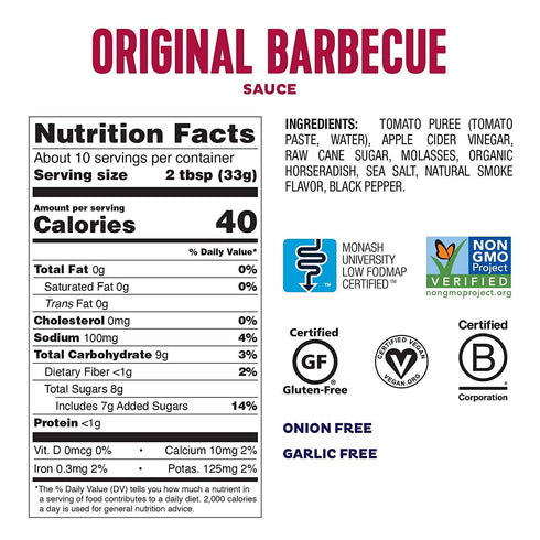 Fody Foods Original BBQ Sauce 9.8oz - Low Fodmap Certified, Sensitive Recipe, Gut & IBS Friendly