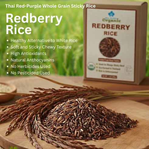 (2 LB) Organic Redberry Jasmine Rice | Redish Purple Sticky Thai Red Rice | Gluten Free and Preservative Free | Small