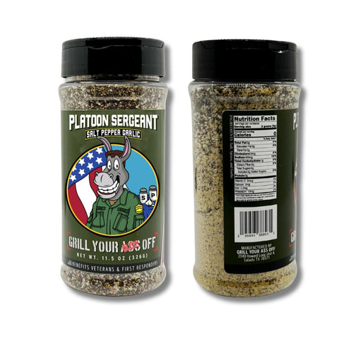 Platoon Sergeant Garlic Salt Pepper by Grill Your As Off - BBQ & Grill Seasoning for Beef, Steak, Burgers, Pork & Chicken - Dry Rub - MSG & Gluten Free - 100% Veteran Owned - 11.5oz