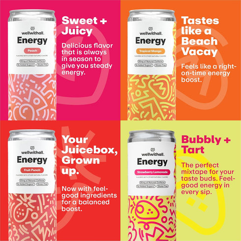 Pack, 12 oz, 12-Pack WellWithAll Energy Drink Variety Strawberry Lemonade, Fruit Punch, Tropical Mango, Peach Flavors